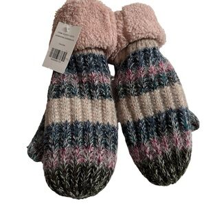 Chunky Knit Stripe Mittens with Pink Sherpa Cuffs, NWT